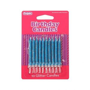 10 Glitter Candles with Holder - Blue