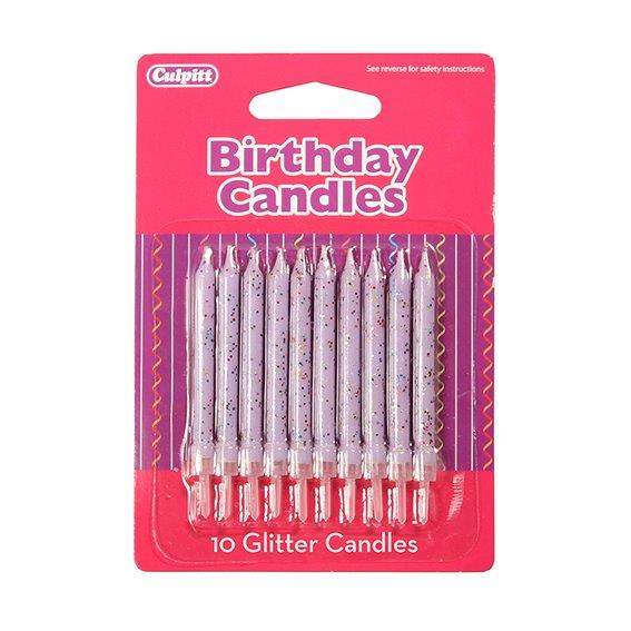 10 Glitter Candles with Holder - Lilac