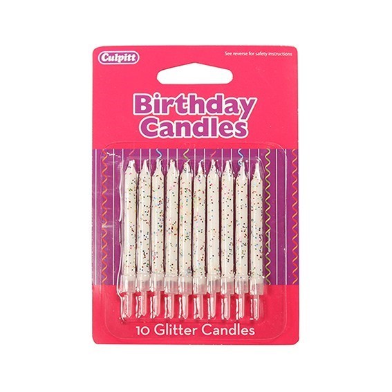 10 Glitter Candles with Holder - White
