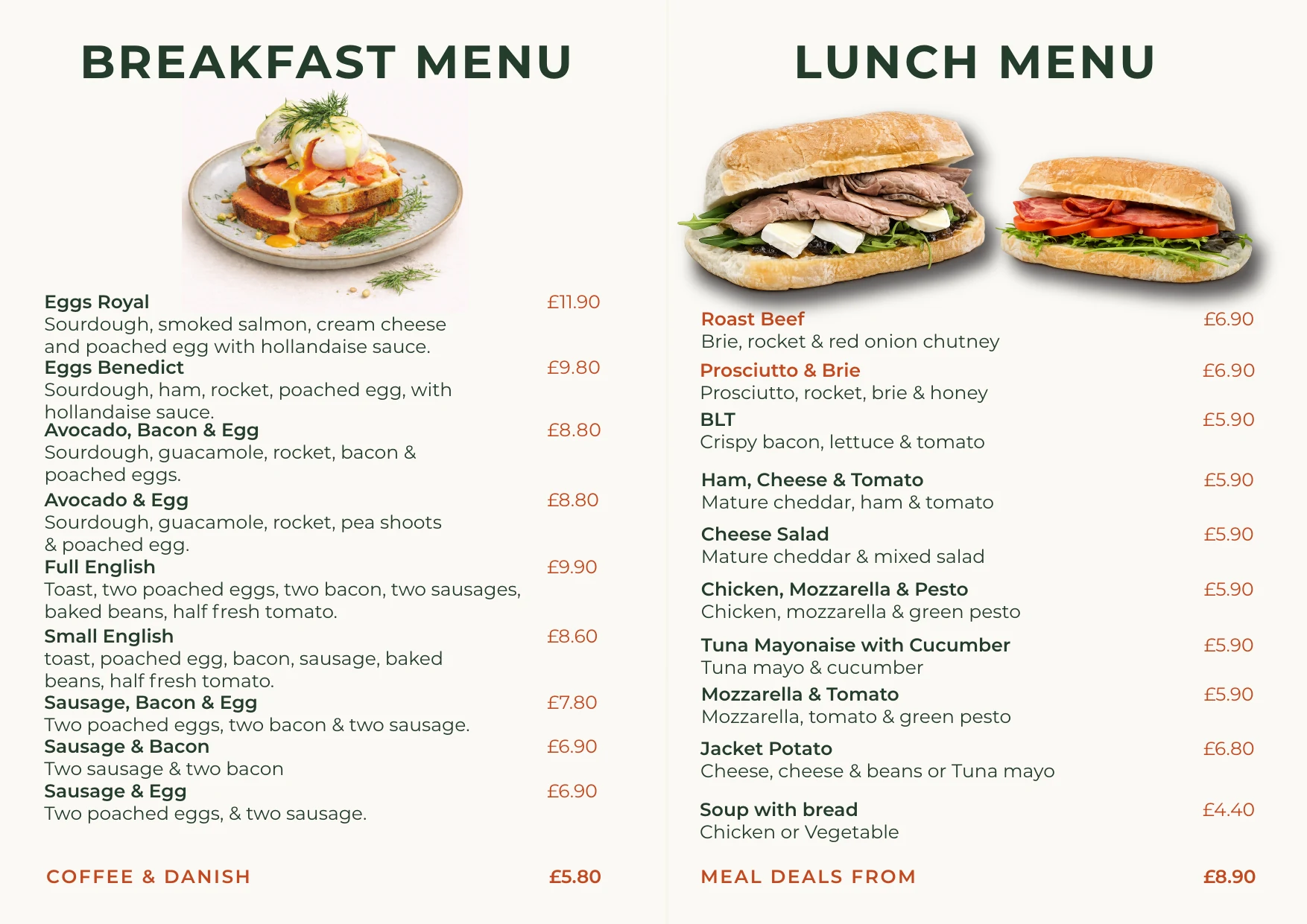 The Cake Solution breakfast and lunch menu, page one