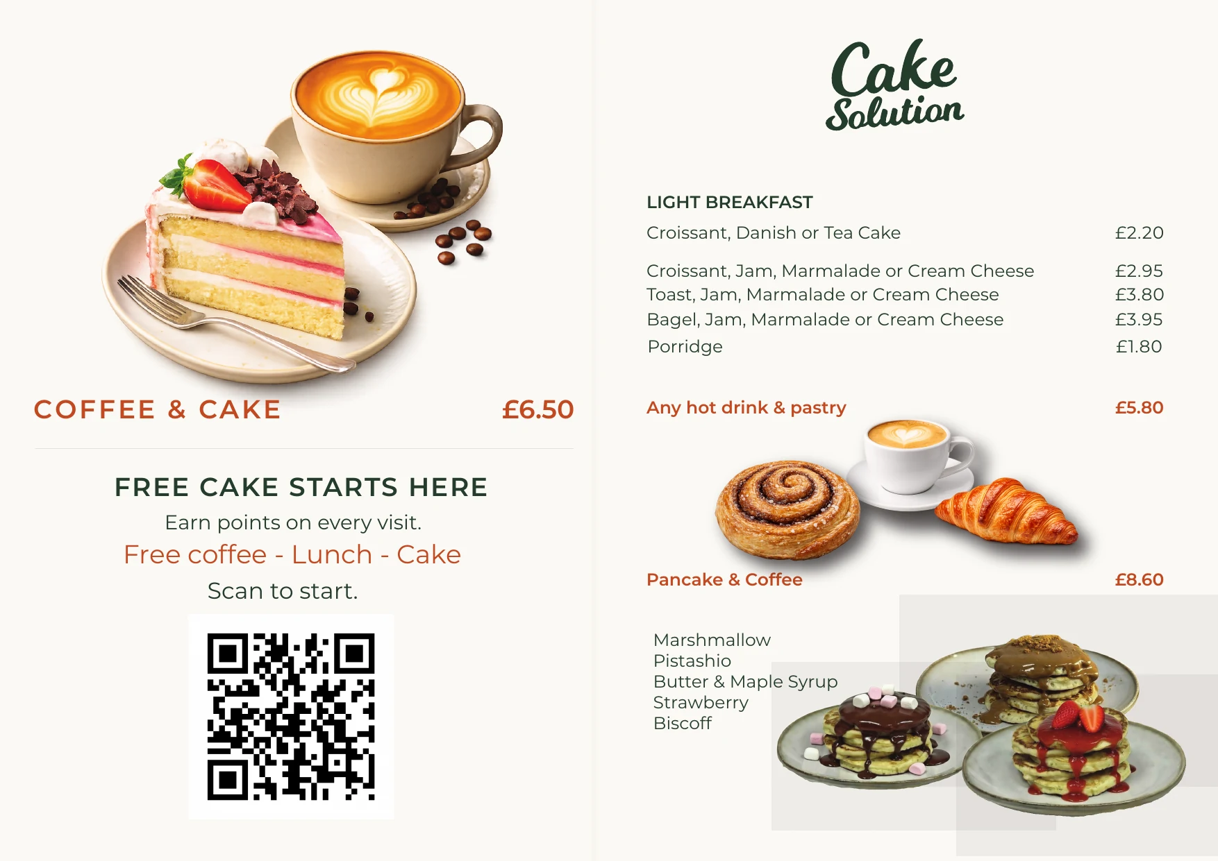The Cake Solution light breakfast, coffee, cake and rewards menu